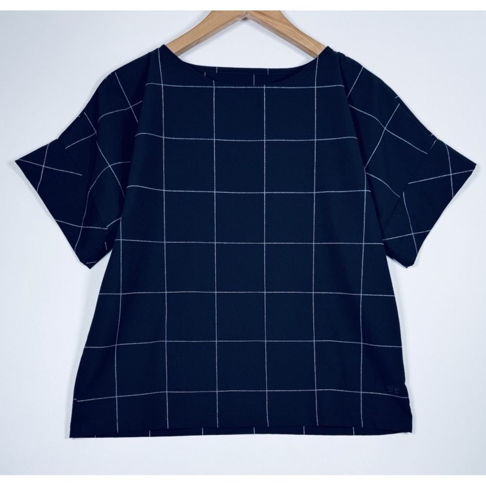 Albion Top Womens Medium Black White Windowpane Plaid Boxy Wide Sleeve Blouse